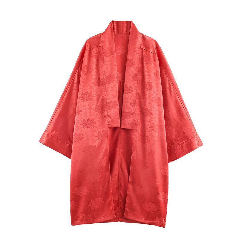 Embroidery Origin - 2026 Frühling Damen Roter Blumen-Jacquard-Satin-Kimono, Dreiviertelärmel