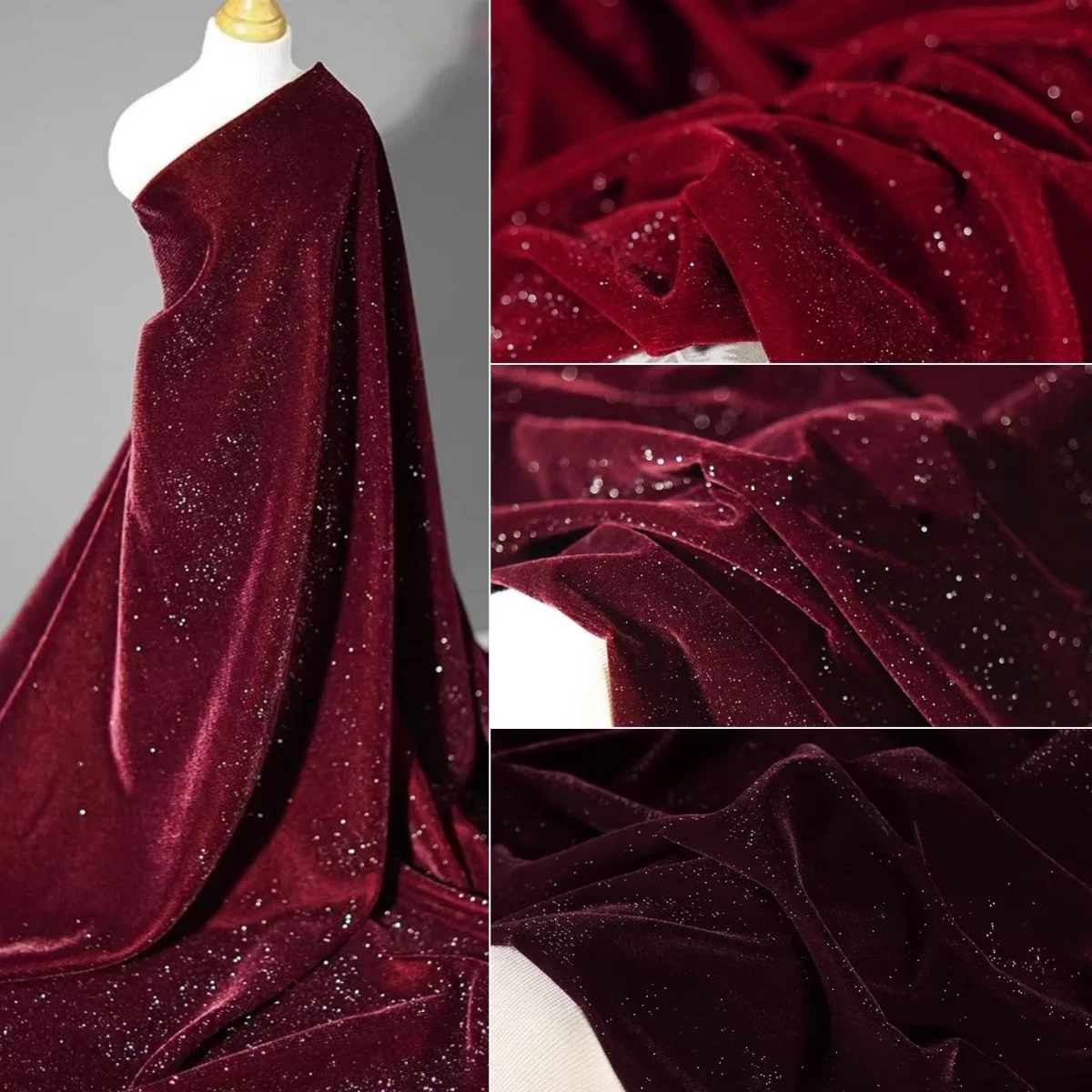 Velvet Fabric Embroidery - Tiefroter, diamantförmiger, funkelnder Samt-Sternenstoff, heller Samtstoff,