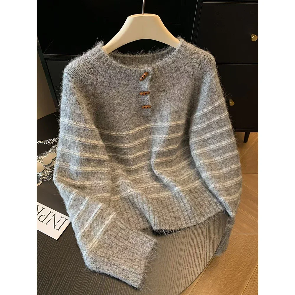 Embroidery Origin - Herbst Winter Damen Gestreifter Woll-Kaschmir-Pullover, Loser