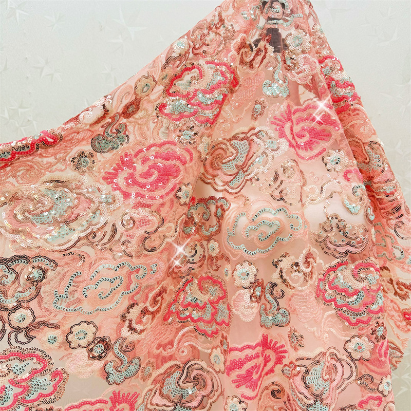 Embroidery Gradient - 2 Yards/Lot 130cm Breiter Rosa-Lila Blumen-Stickerei-Pailletten-Spitzenstoff,