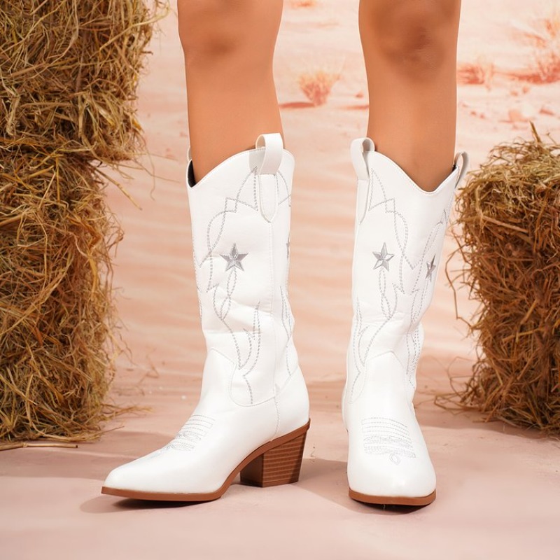 Embroidery Details - Damenstiefel, mittelhoher Schaft, spitzer Zehenbereich, mittlerer