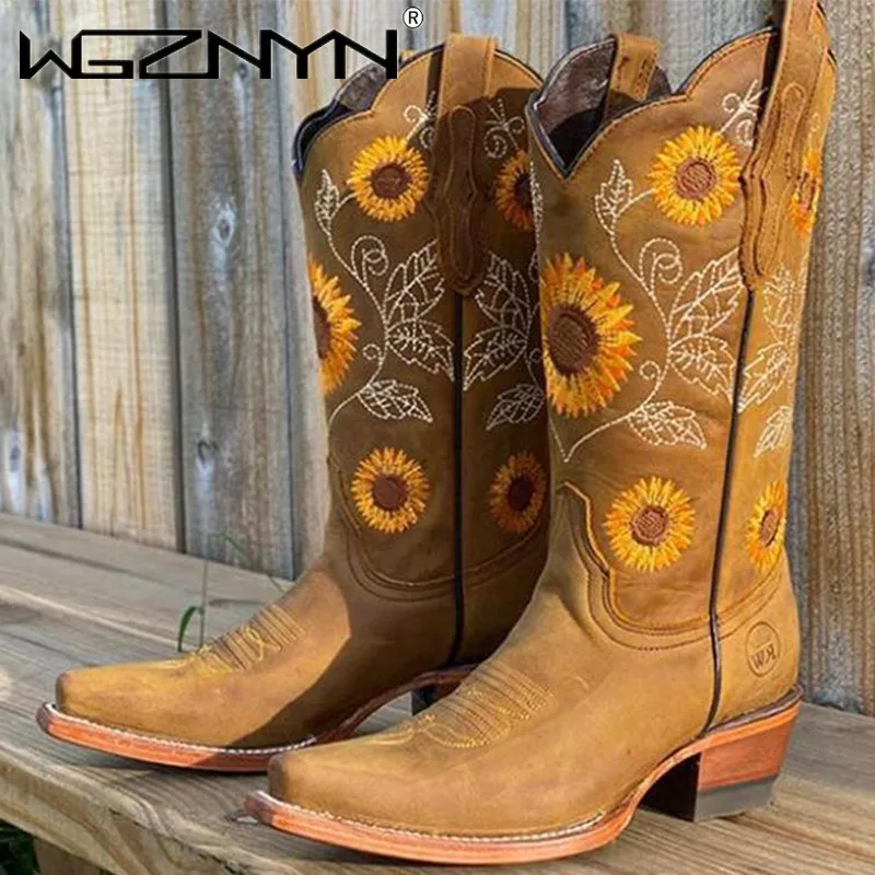 Embroidery On Leather - Designer Damen Kaffeebraune Stickereistiefel PU-Leder Bedruckte