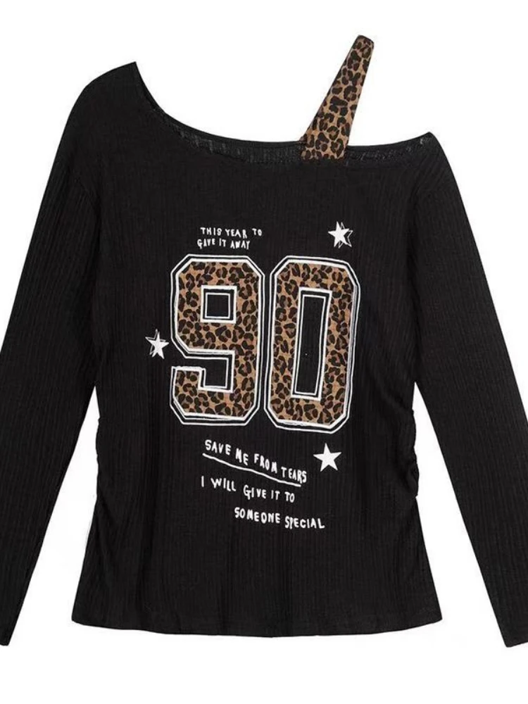 Embroidery Origin - Y2K Patchwork Leopardenmuster T-Shirt Damen Locker
