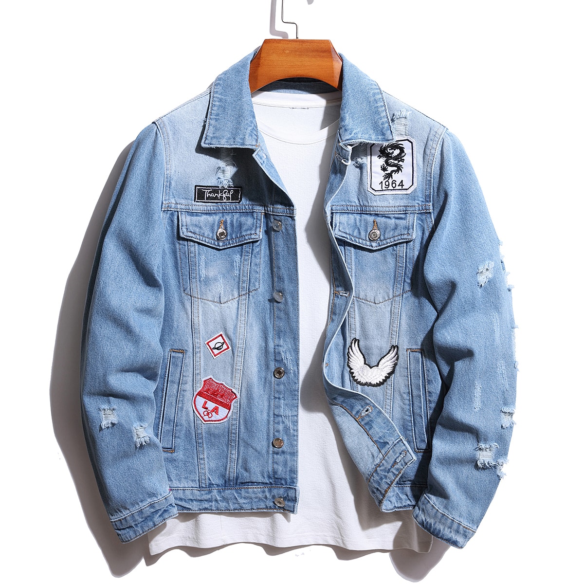 Embroidery Jacket - Vintage Herren Zerrissene Baggy Winter-Jeansjacke mit