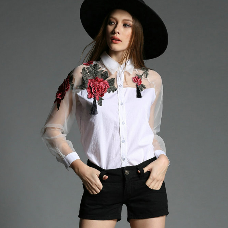 Embroidery Jersey - Damenmode Blumenstickerei Chiffonbluse Langarm Hohlnetz Spleißen