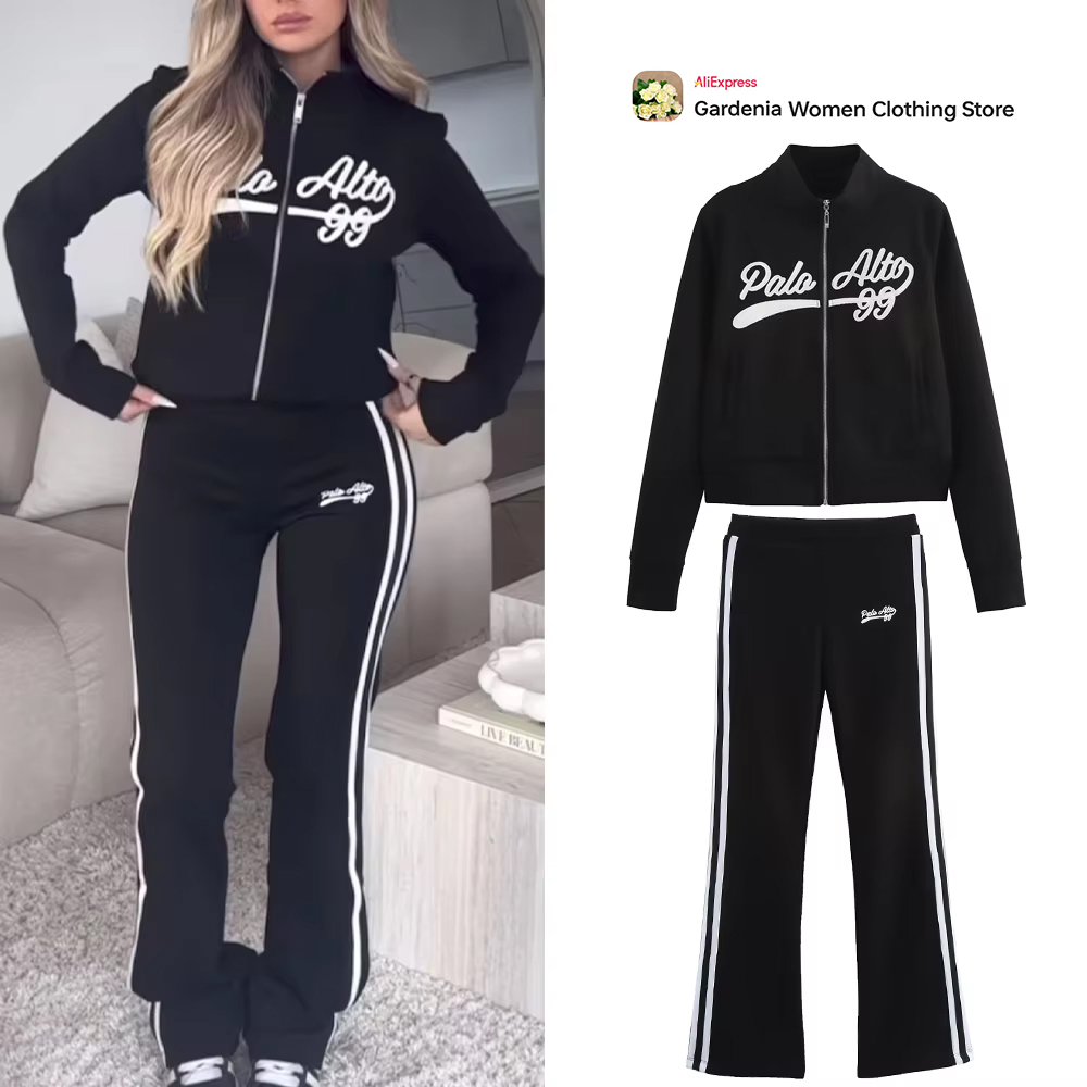 Embroidery Jacket - Lässiges schwarzes Varsity-Sportset für Damen, hochgeschlossene,