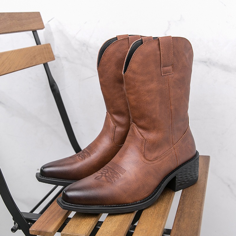 Embroidery On Leather - Herrenstiefel Klassische Bestickte Western-Cowboy-Stiefel Modische Spitze
